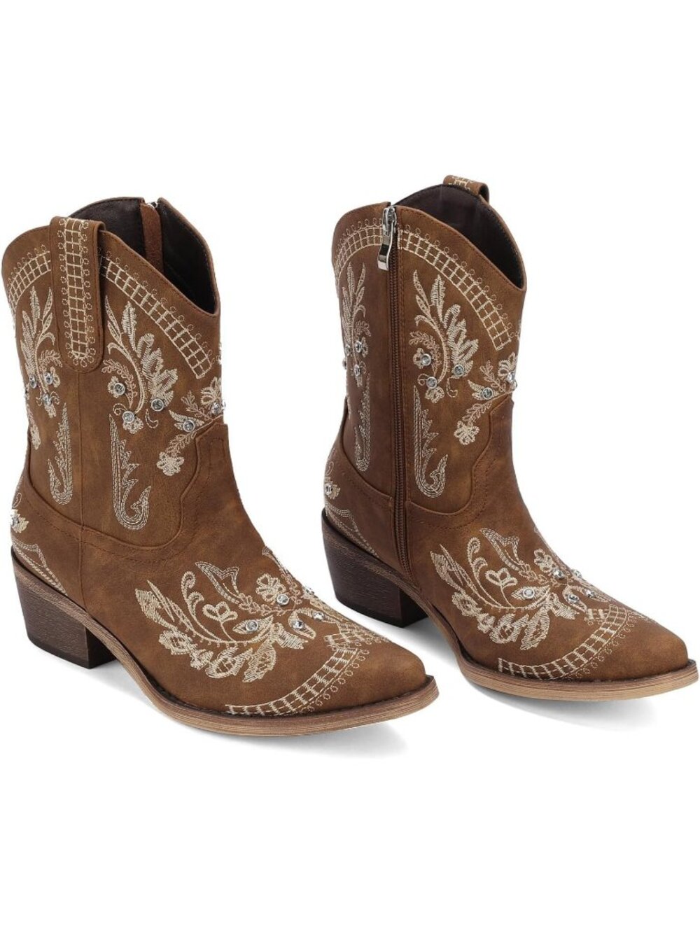 Women's Brown Comfortable Chunky Heel Side Zipper Embroidered Short Cowgirl Boot - Picture 4 of 7